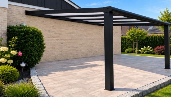 Schwarze Terrassenüberdachung an heller Hauswand